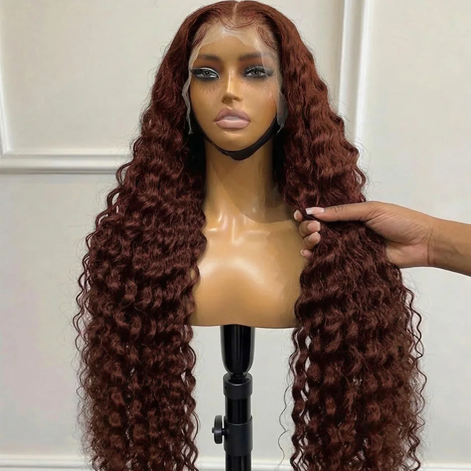 

Парик с кружевной передней частью 13x6, 250 плотности, красно-коричневый, 30-36 дюймов, цветные кудрявые парики из человеческих волос, глубокая волна, парик с кружевной передней частью 13x4 13x6 HD