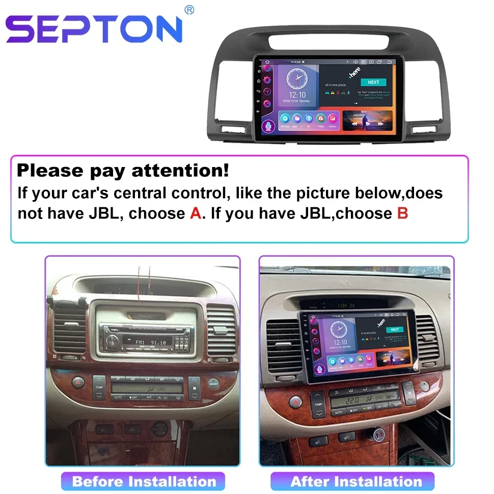 SEPTON Car Radio for Toyota Camry 5 XV 30 2001-2006 2 Din Android Multimedia Player Stereos Carplay Gps 8Core Qled 4G Net Bt