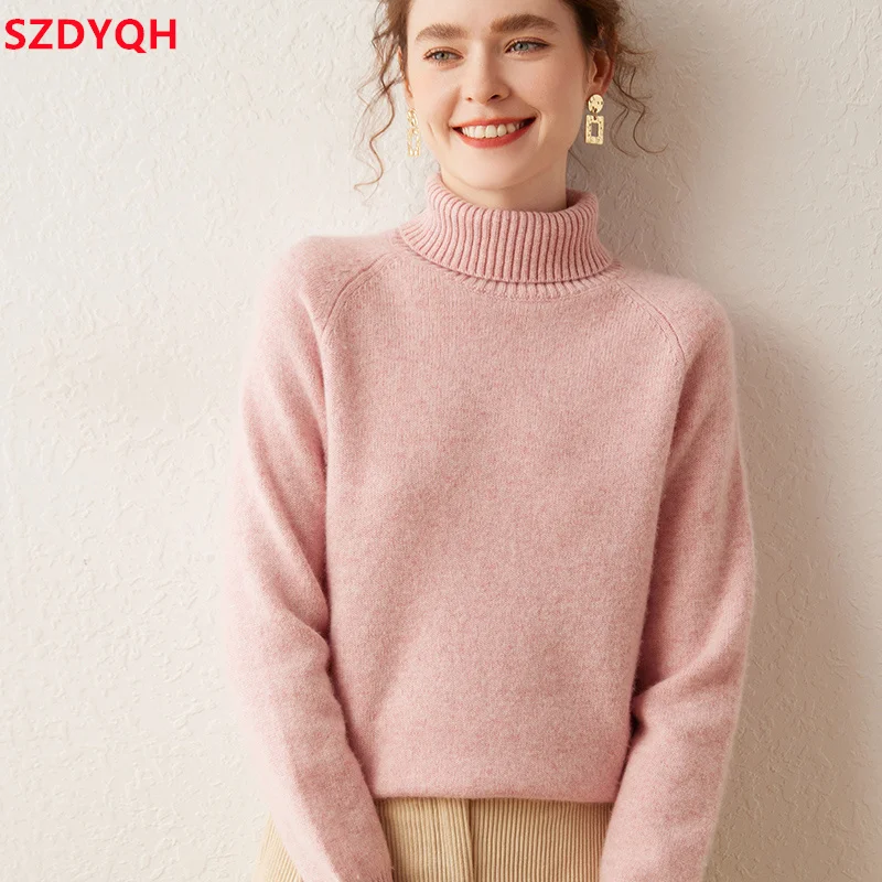 Autumn Winter New Women 100% Cashmere Sweater Turtleneck Thicken Solid Soft Pullover Fashion Female Warm Loose Knitted Jumper