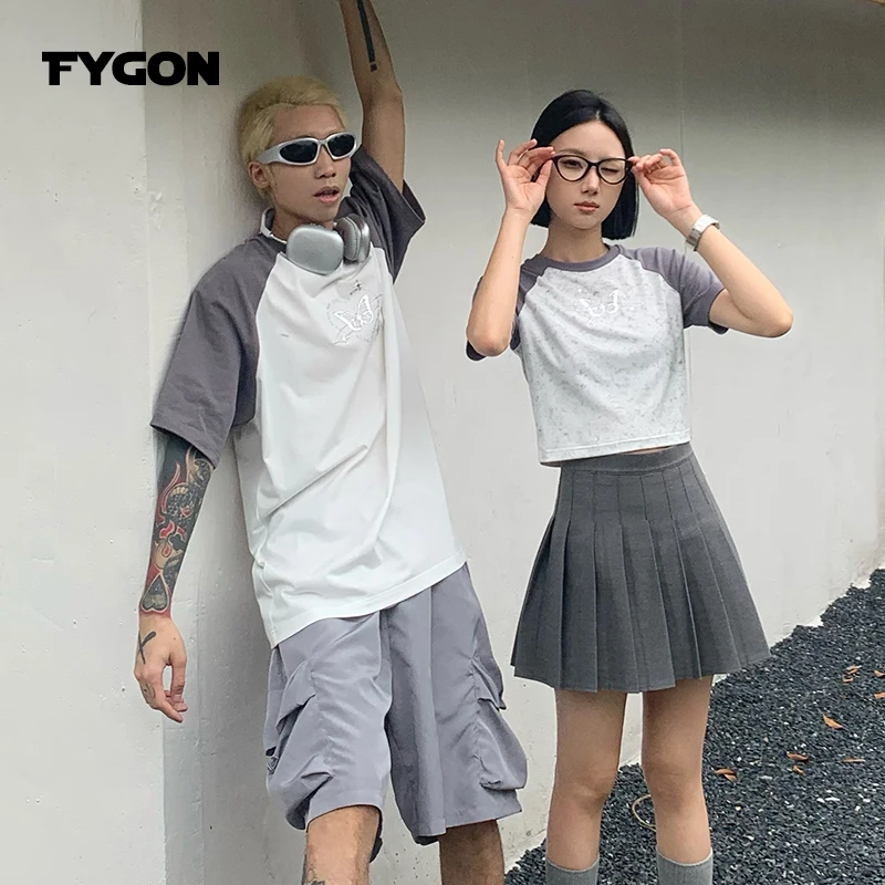 Fygon Raglan Sleeve Brand Top T-shirt for Men and Women Hot Silver Printed Oversized T-shirt Street Casual Style