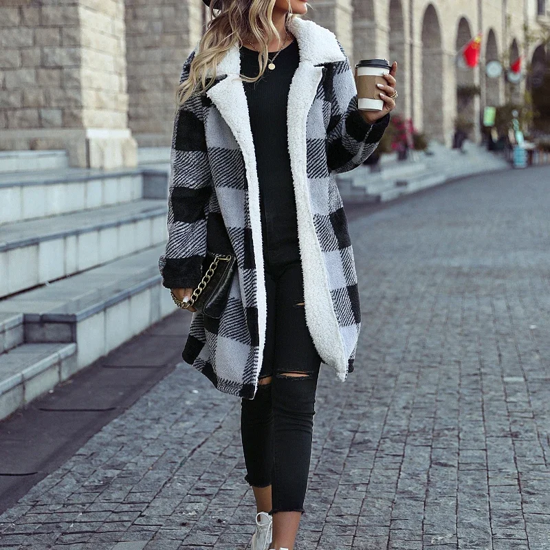 Casual Winter Coat Women\'s Plaid Print Fleece Long Sleeve Lapel Collar Long Line Jacket Fashion Winter Outwear For Women