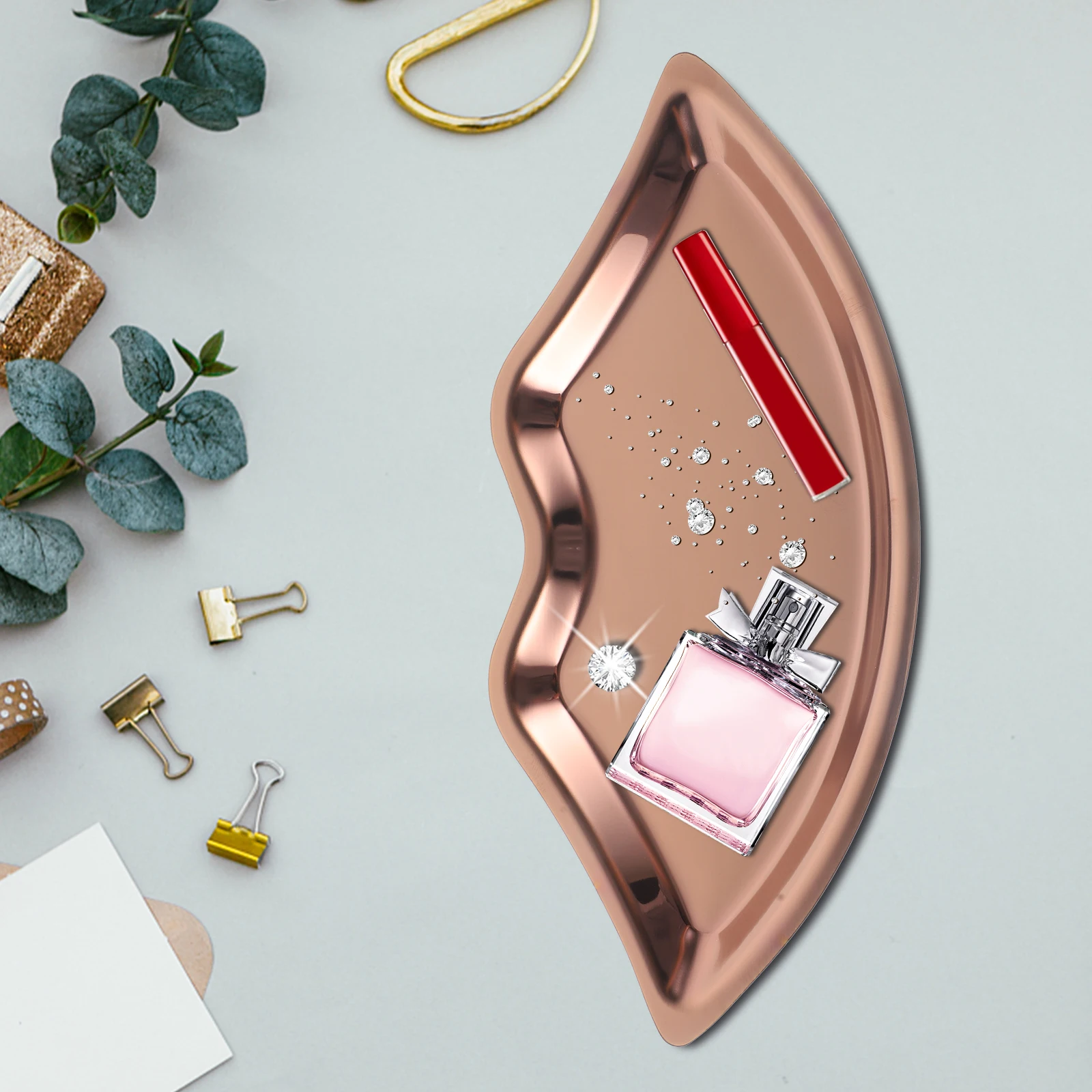 

Lip Shaped Jewelry Tray Stainless Steel Earring Organizer Dressing Table Decoration Desktop Holder Accessories Storage Key Bowl