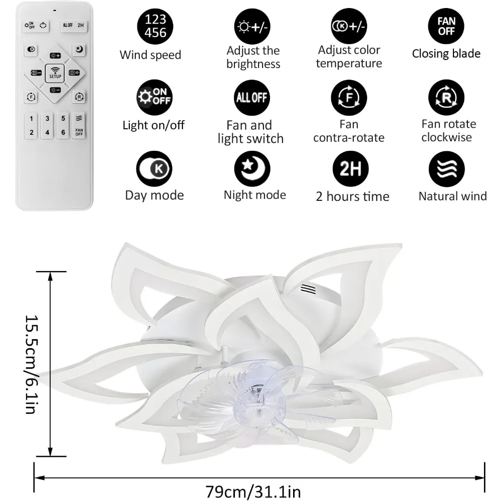 31.1-Inch Plafondventilatoren Met Verlichting En Afstandsbediening, Kroonluchter Plafondventilatoren Met 3 Kleuren, 6 Snelheden, Indoor Flush Mount Plafondventilatoren