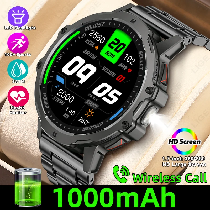 

LIGE 1000 мАч супер емкость аккумулятор для взрослых мужчин умные часы фонарик Bluetooth вызов 3ATM водонепроницаемые 1,7 дюйма умные часы спортивные