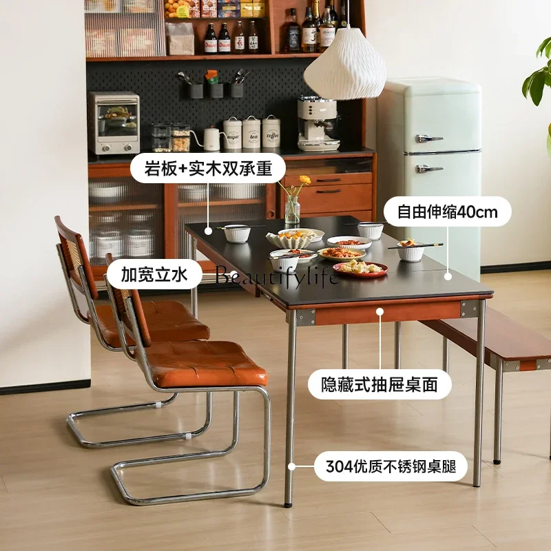 Nordic Japanese retractable rock slab dining table Solid wood foldable small apartment dining table