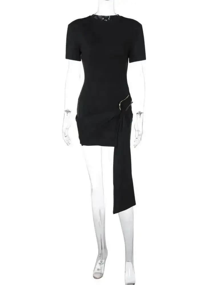Mini abito sexy drappeggiato a maniche corte per le donne Fibbia in metallo nero O collo a vita alta aderente Club Dress Vestido Clothes J1N8