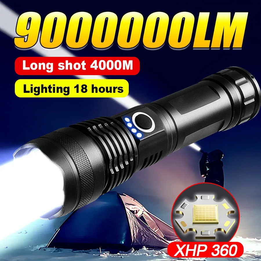 900000LM Strong Light Flashlight Alloy Flashlight XHP360 LED Tactical Torch Rechargeable Spotlights Outdoor Fishing Camping Lamp