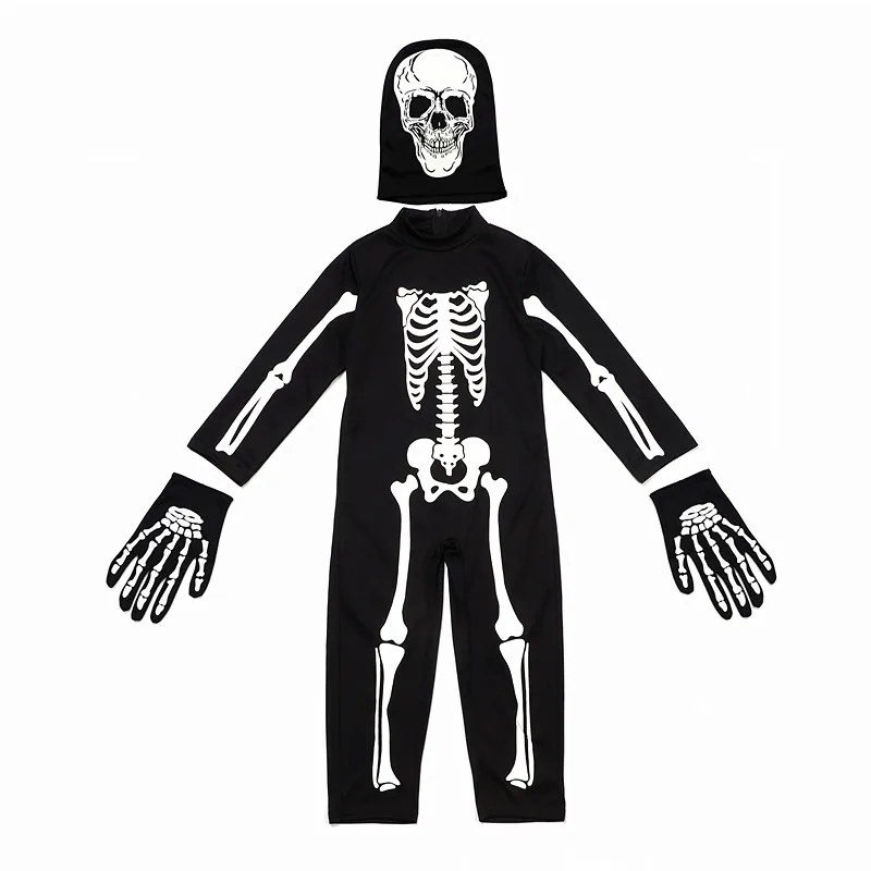 3–12 Jahre Kinder, im Dunkeln leuchtender Skelett-Overall mit Horror-Handschuhen, Halloween-Maskenkostüm für Kinder, gruseliger Ganzkörper-Rollenspielanzug