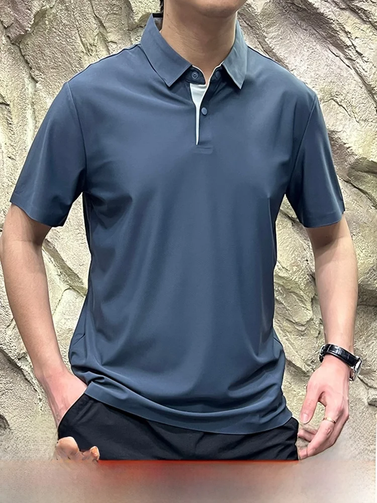 

Ice Silk Qui Dry Breathable Sl Glue irt ort Sve Turn Collar Busin Casual Stand Fit for Daily Wear