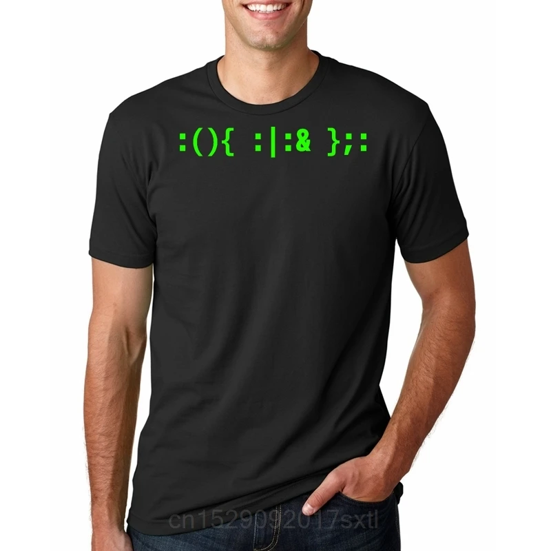 Printed Men T Shirt tshirts Bash Fork Bomb - Texte vert pour les pirates informatiques Unix u002F Linux men T-Shirt