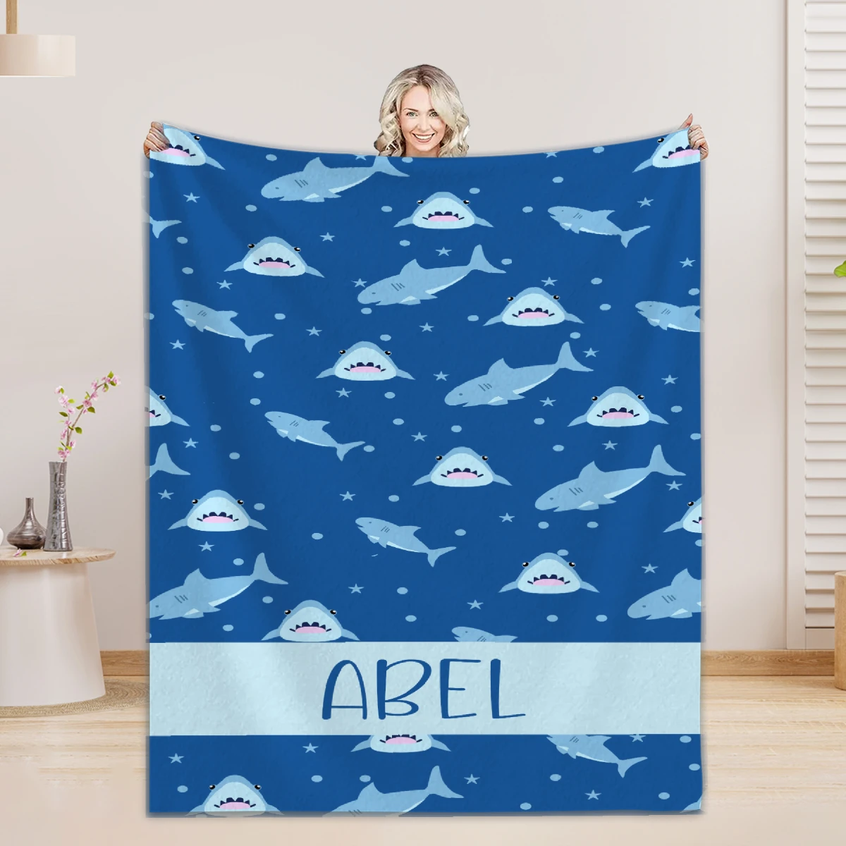 Cartoon Shark Blanket Custom Name Personalized Flannel Baby Blanket For Sofa Soft Birthday Gift Customized Blankets For Boys