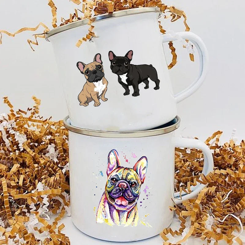 

Cute Bulldog Printed Enamel Mug Creative Coffee Tea Drinks Breakfast Milk Cup Camping Mugs Handle Drinkware Gifts for Dog Lover