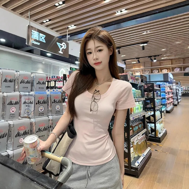 New Lady Summer U-neck Slim-fit Short Sleeve Women Student Solid Color Slimming T-shirt Girls Sports Top Woman Casual Base Shirt