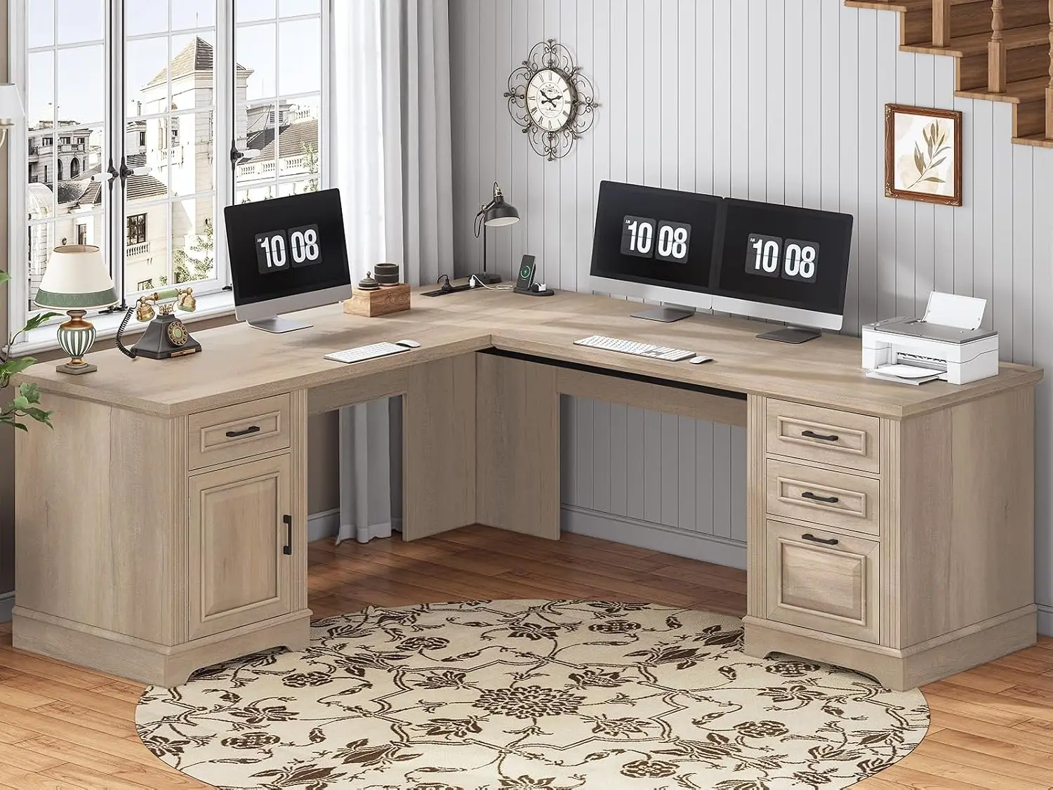 L Shaped Executive Desk with Storage Drawers, Power Outlet & File Drawer for Home Office, 69