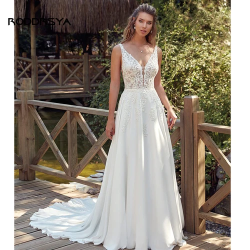 RODDRSYA-vestidos de novia bohemios con cuello en V para mujer vestido de novia elegante de gasa de encaje sin espalda una línea Civil personalizado Vestido de novia de cuello V femenino bohemio Elegante encaje chiffon
