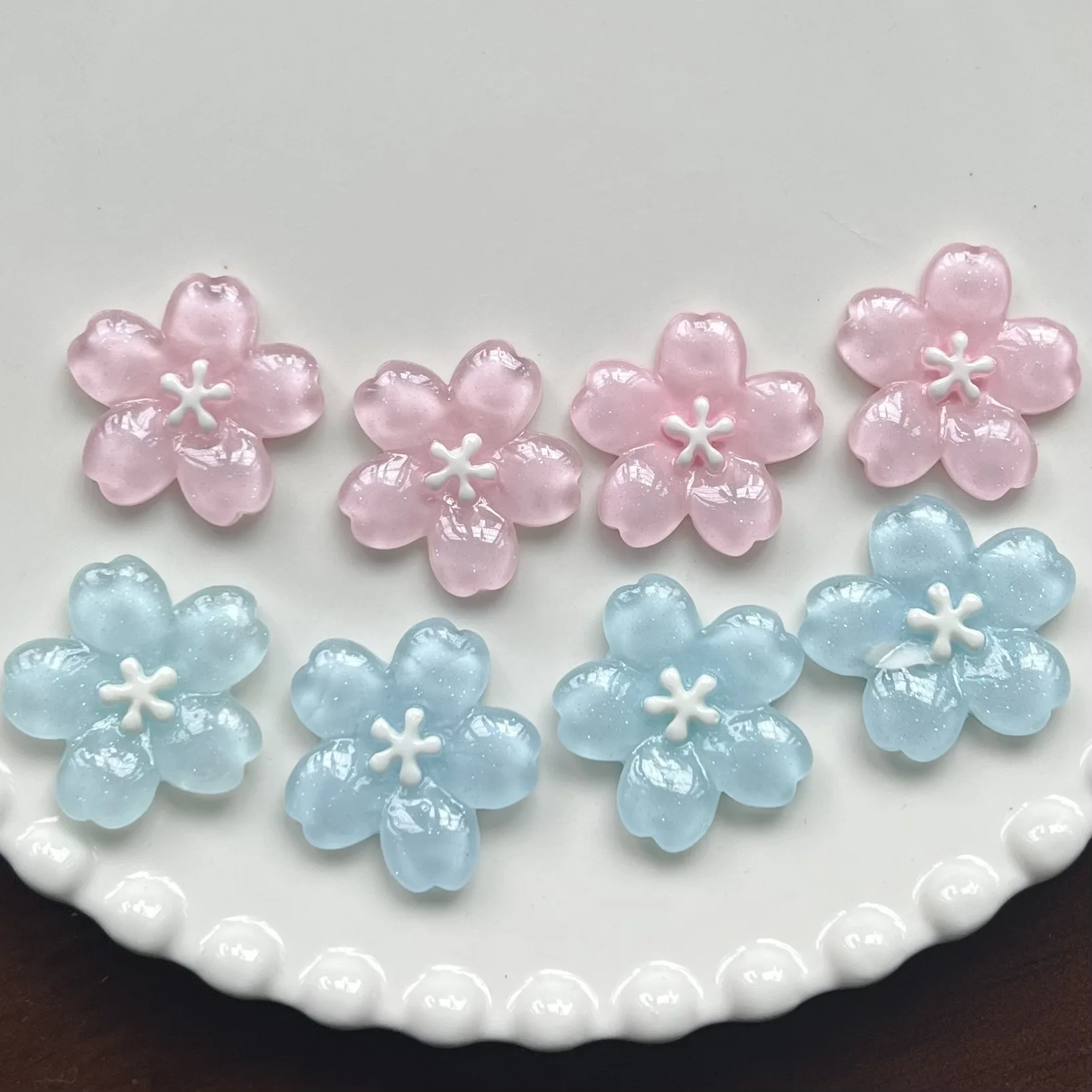 5pcs miniso pink blue flower cartoon series cartoon resin flatback cabochons diy crafts materials jewelry making charms