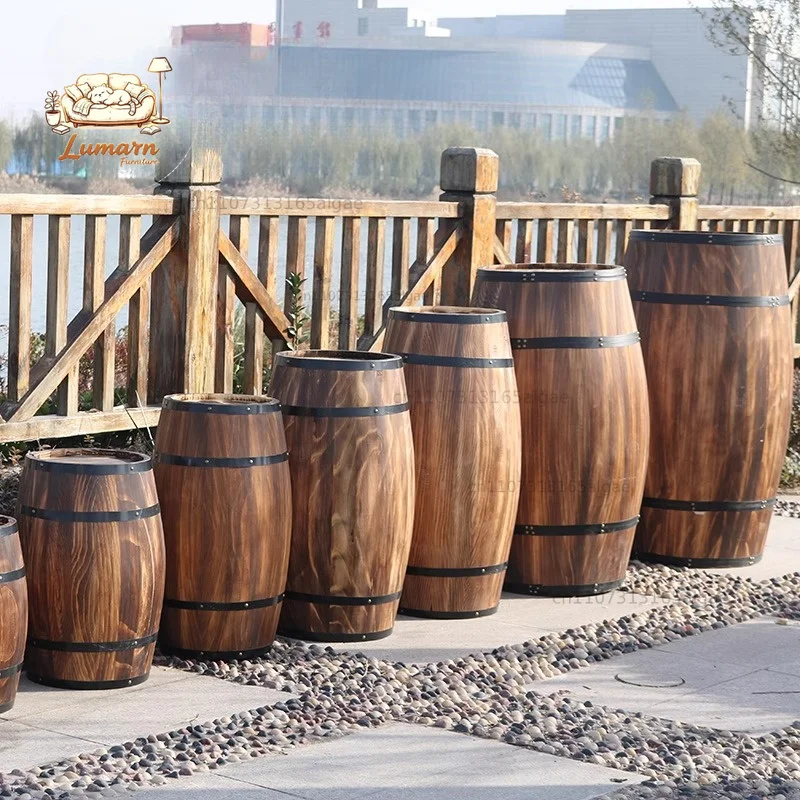Rustic Wine Barrel Decor Wooden Oak Barrel Planter Home Bar Wedding Props Event Stage Photo Backdrop Decor