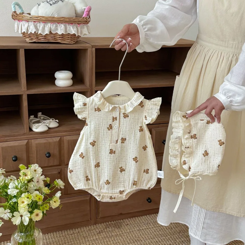 Cute Newborn Baby Girl Clothes 2026 Summer Infant Ruffles Sleeve Cartoon Bear Pattern Cotton Bodysuit Hat 2PCS Outfits Sunsuit