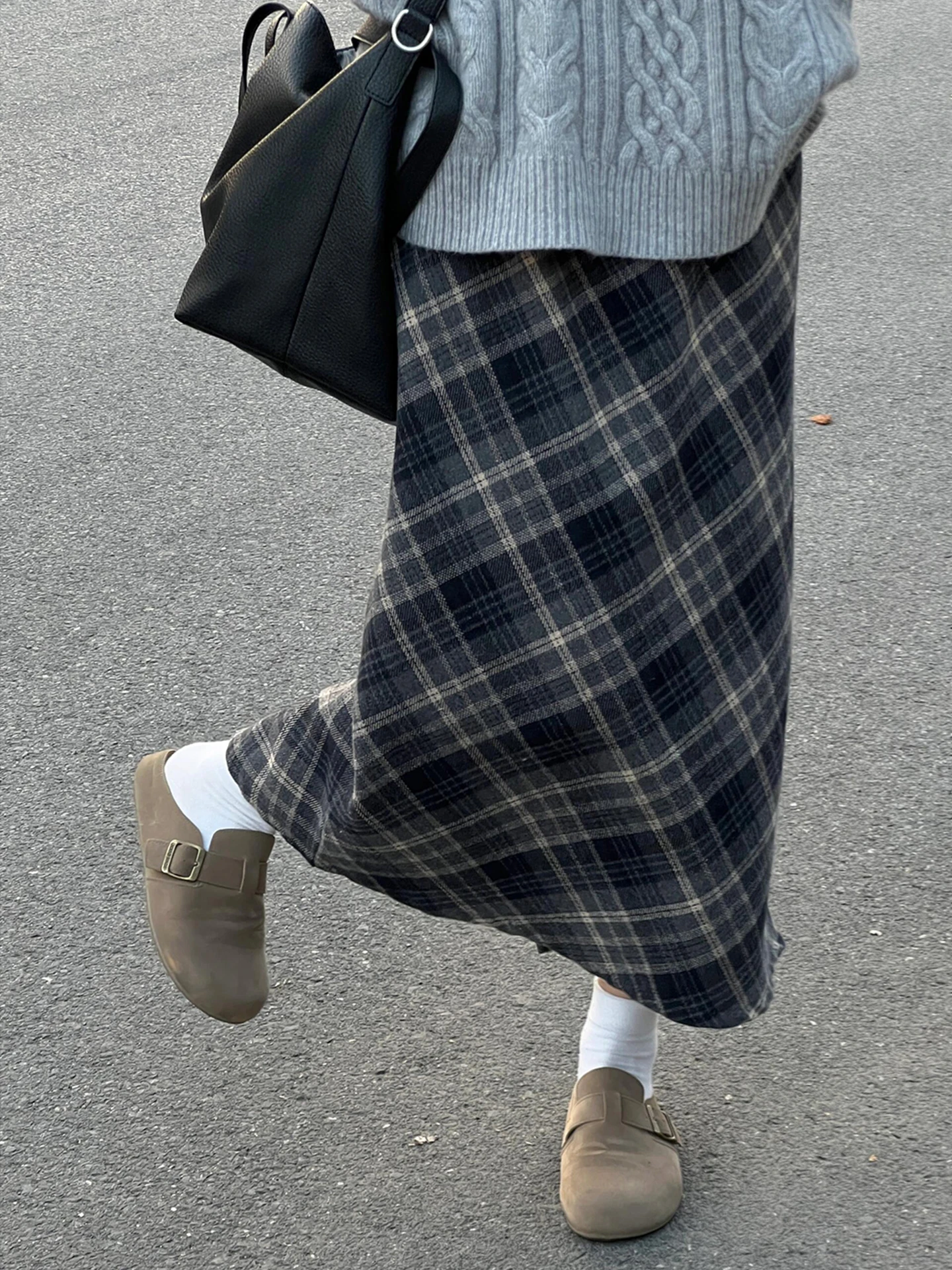 Plaid Woolen  Skirt Women's High Waist A-Line Straight Cut Autumn New Style plus Size Slimming Belly Covering Midi Skirt