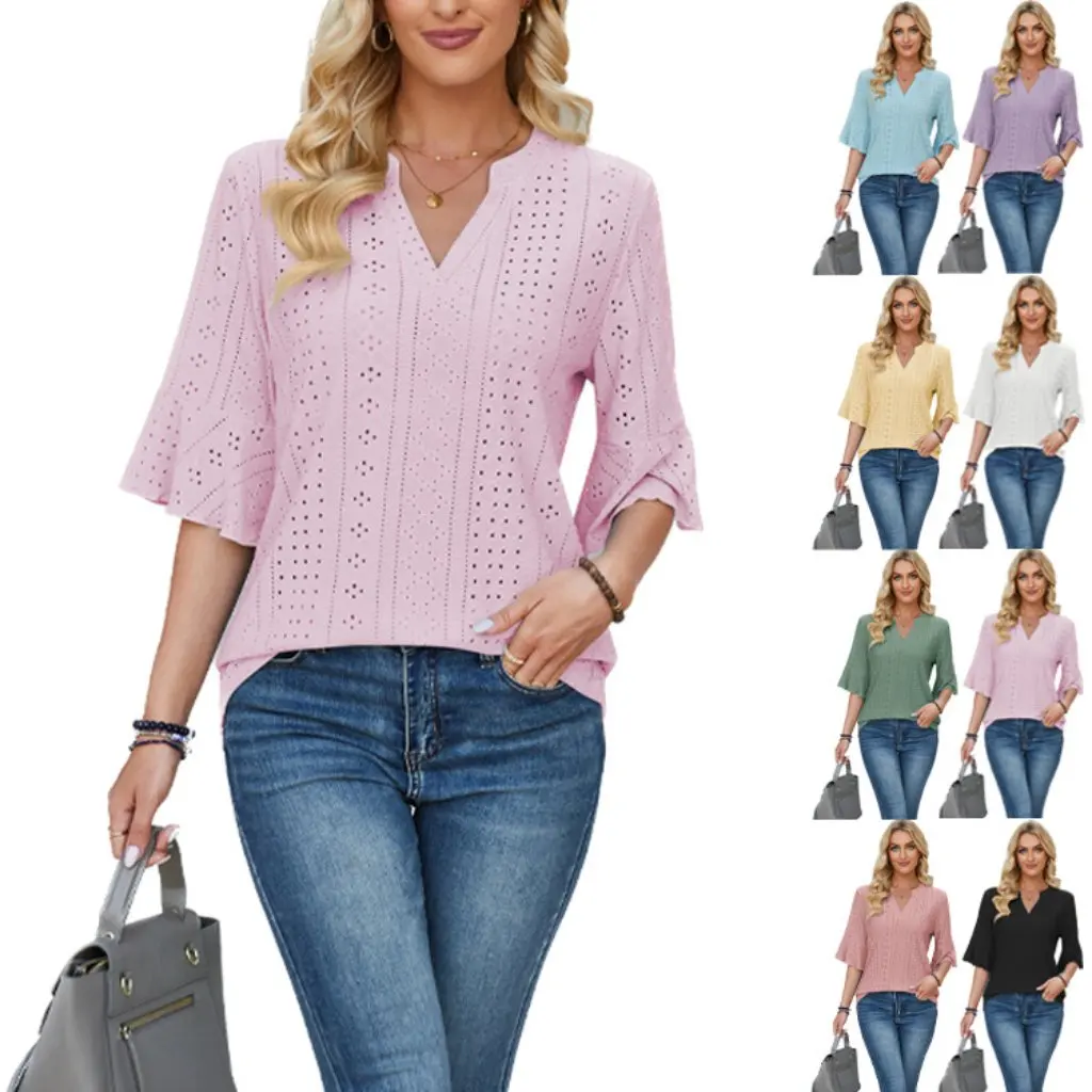 

Women's Casual Loose T-shirt Pure Color Five-Quarter Sleeve Top for Spring/Summer European And American Style by