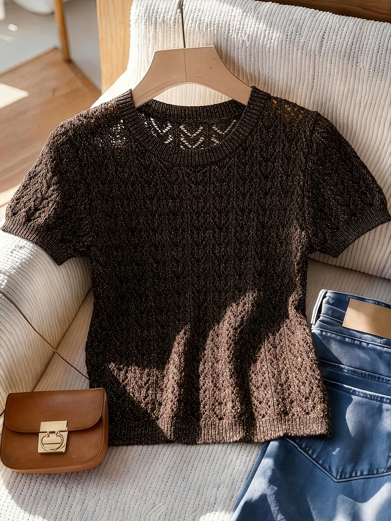 

Gold Glitter Thread Hollow Knit Top, Loose Elegant Versatile Casual Women Blouse for Summer