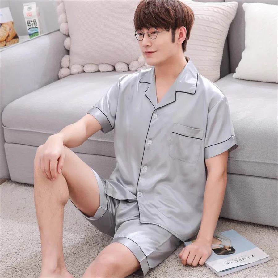 

Summer Soft Men Pajamas Set Ice Silk Short Sleeve Tops and Shorts Satin Sleepwear Home Clothes 2 Pcs Nightwear Men's Loungewear