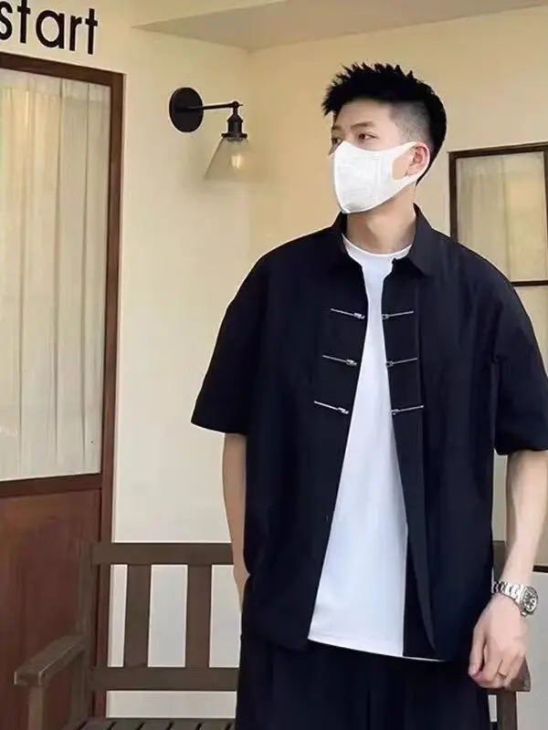 

New Chinese Sle Men's irt Five-Quarter Sve Slim Fit Turn-down Collar Button-up Design Sensation Tang Costume irt