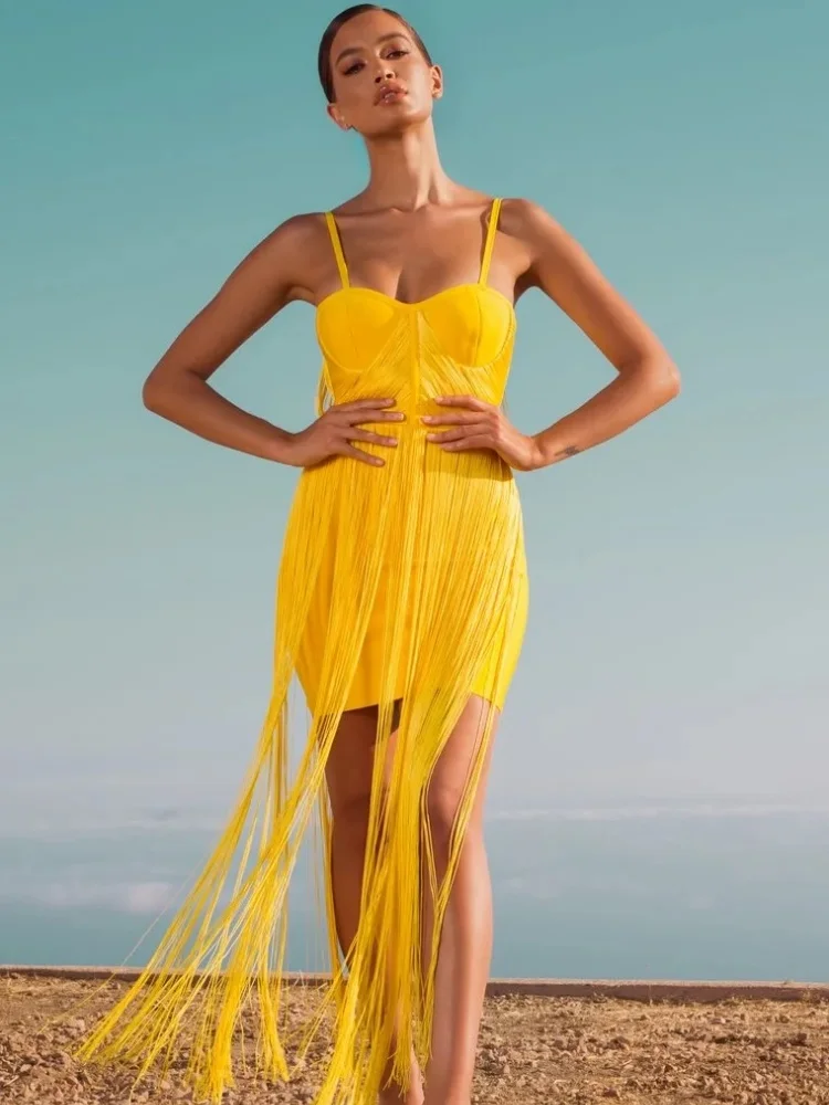 

Chic Yellow Fringe Dress – Strapless Bodycon Long Dresses with Fringed Skirt Summer Spaghetti-strap Sexy Party Dress for Women