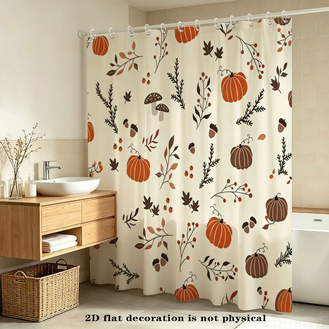 2D Flat, 2D Flat, 2D Flat Shower Curtain 1pc Autumn Pastoral Harvest Pattern Curtain, Warm Rustic Natural Style, Polyester Material, Includes Hook, Easy to Hang And Install, Home Bathtub Partition, Home Bathroom Decor Item, Multiple Sizes Available