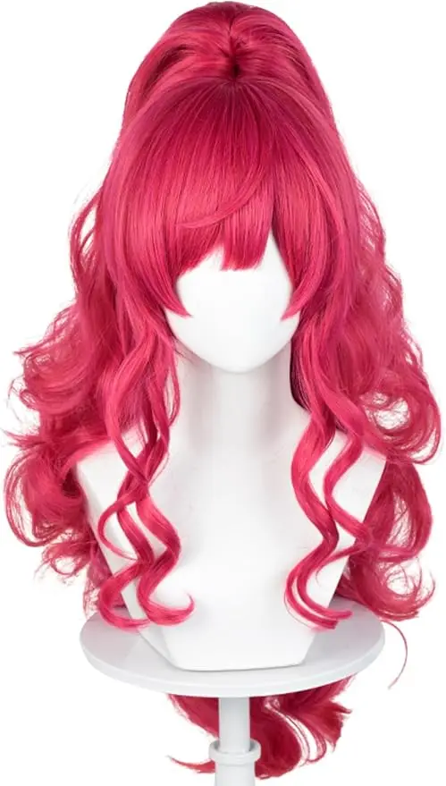 Długa Kręcona Peruka Cosplay z Grzywką w Kolorze Różowo-Czerwonym, Peruki Kucyk Anime w Kolorze Czerwono-Różowym, Urocze Peruki Kucyk dla Kobiet na Halloween