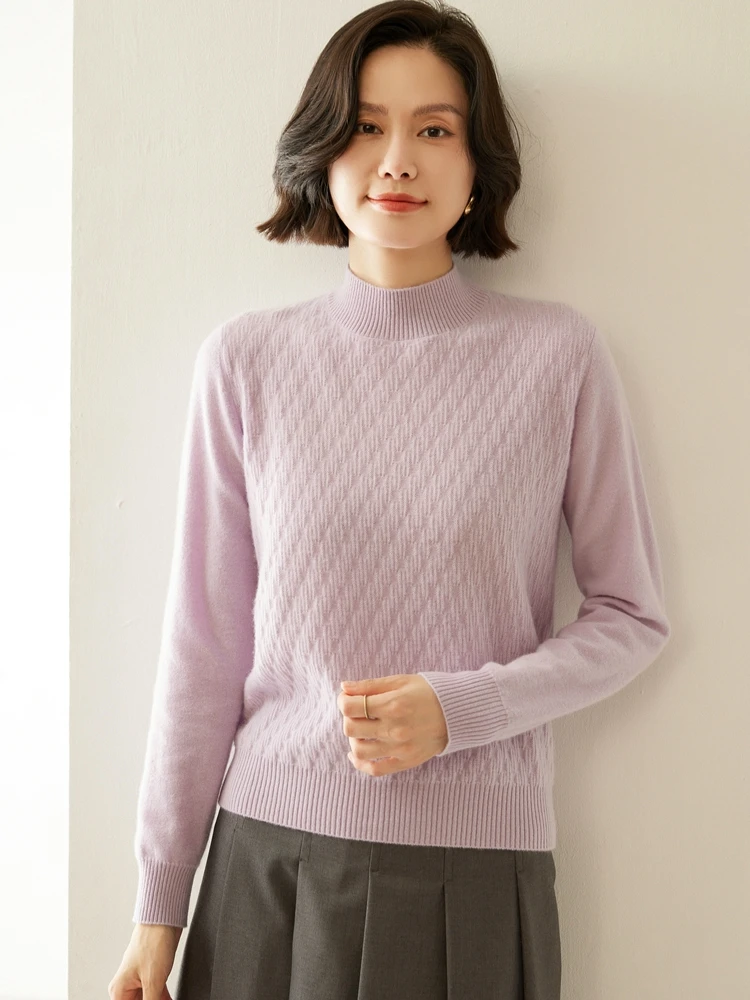 New Women's 100% Cashmere Sweater Mock Neck Long Sleeve Pullover Autumn Winter Basic Cashmere Knitwear Soft Warm Female Clothing