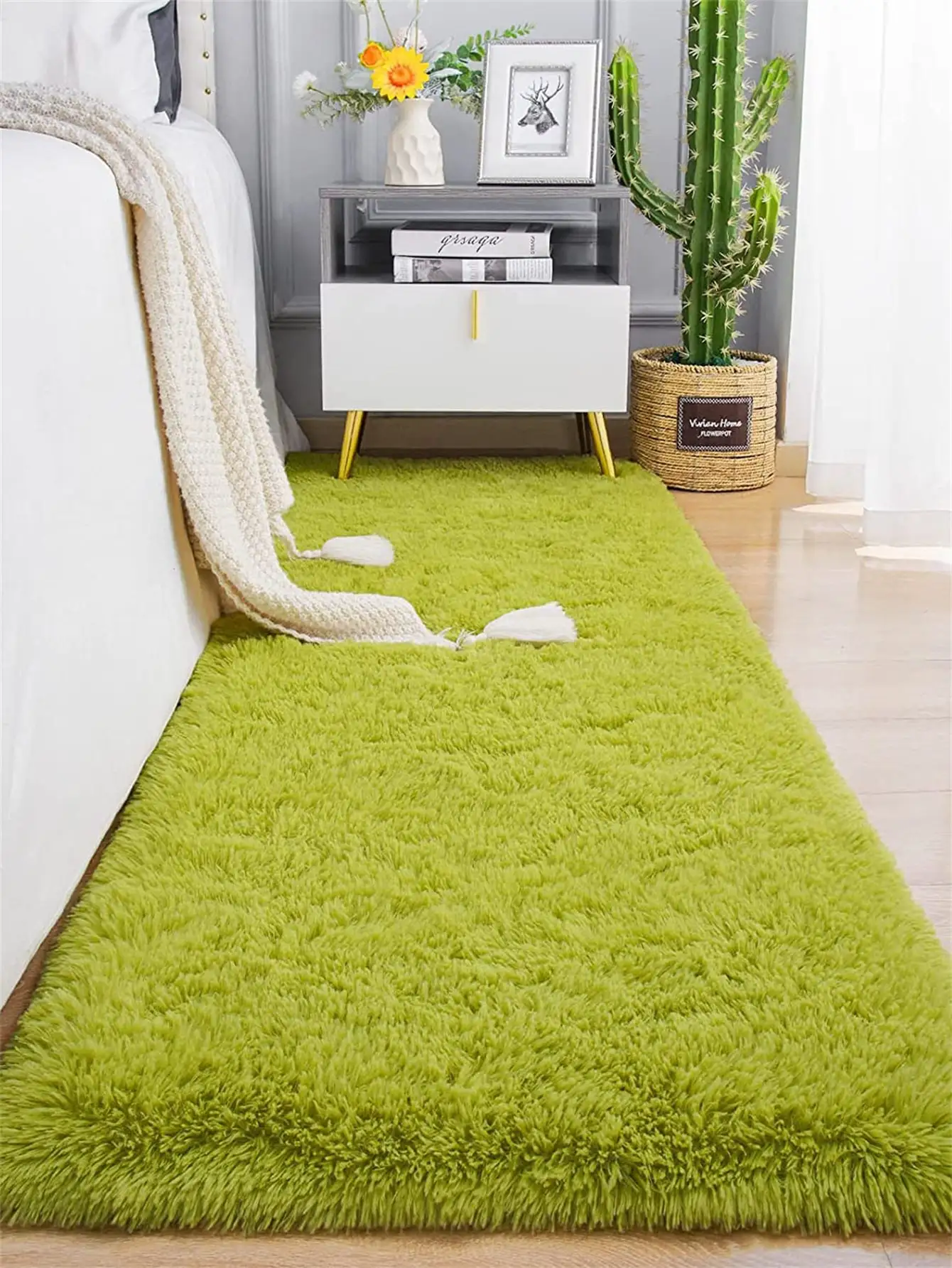 Loyangogo-alfombra decorativa de felpa larga y suave, color verde, adecuada para habitación, sala de estar, dormitorio y mesita de noche