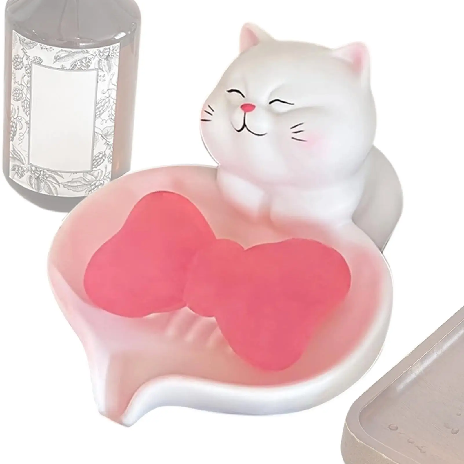 Cat Soap Dish Cute Cat Resin Self-Draining Quick-Dry Organizer Bat Tub Soap Dish for Sponges Utensil Cleaning Organization