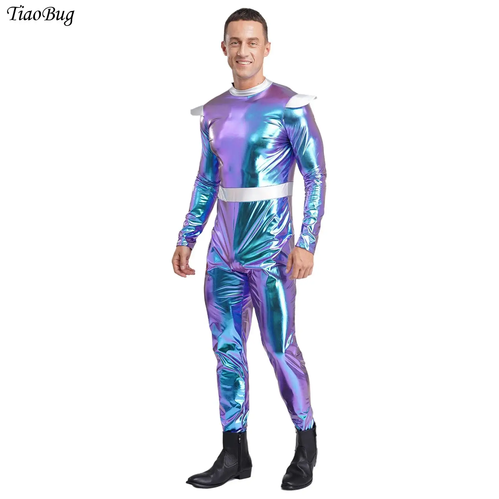 

Men Halloween Space Astronaut Alien Cosplay Costume Long Sleeves Zipper Metallic Shiny Bodysuit Jumpsuit for Robot Themed Party