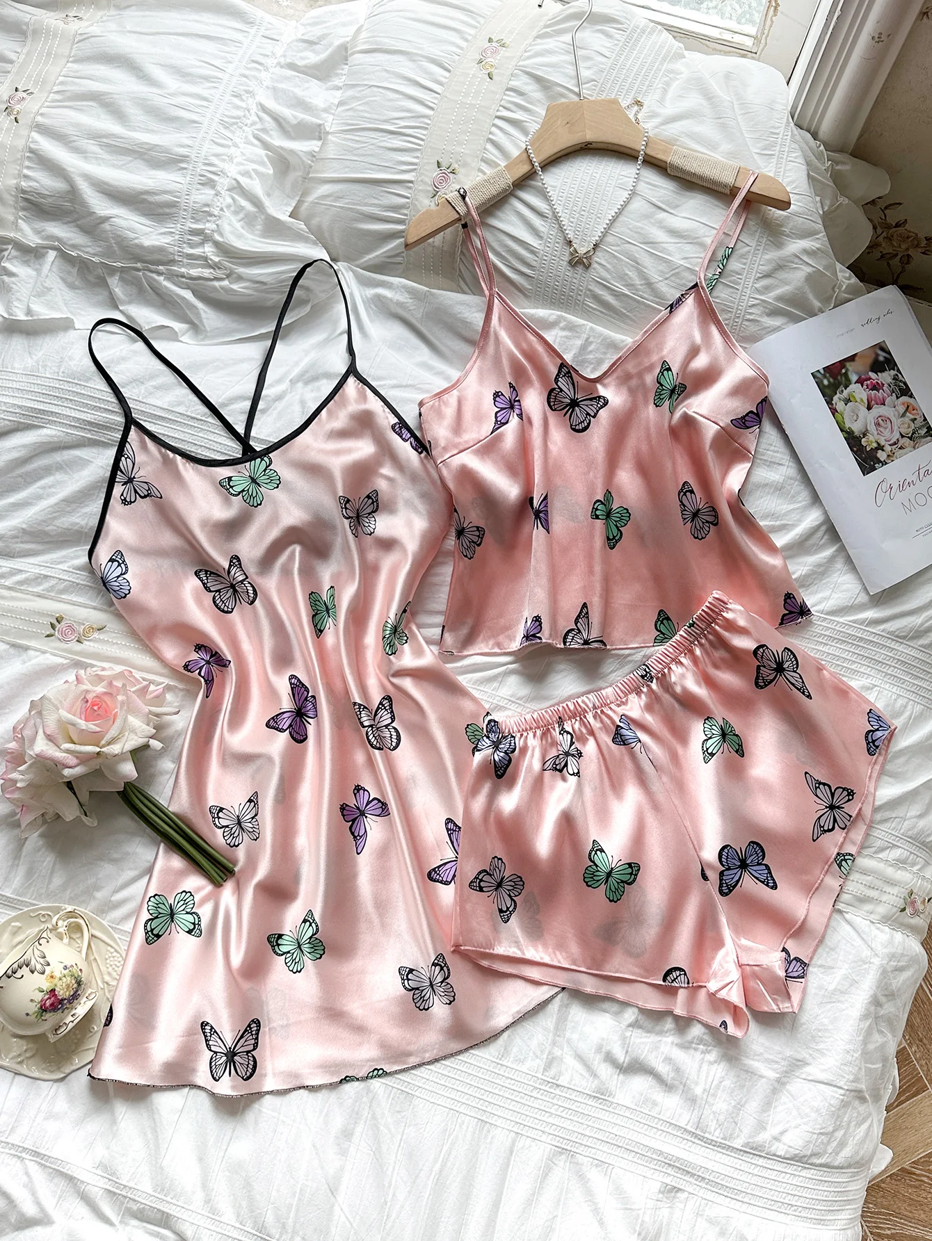 Women's new butterfly print elegant comfortable sexy halter top shorts pajamas three-piece set