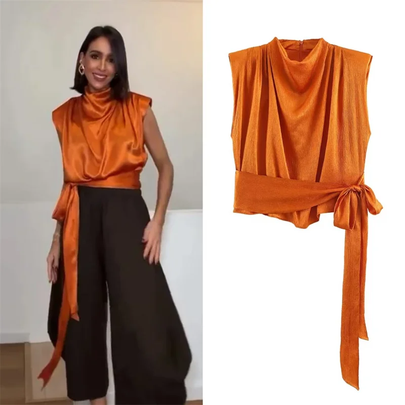 Haut pour femme Nouvelle Collection Printemps 2026 Orange Sans Manches Texture Satinée Longue Tresse Élégant et Stylé Tendance Unique