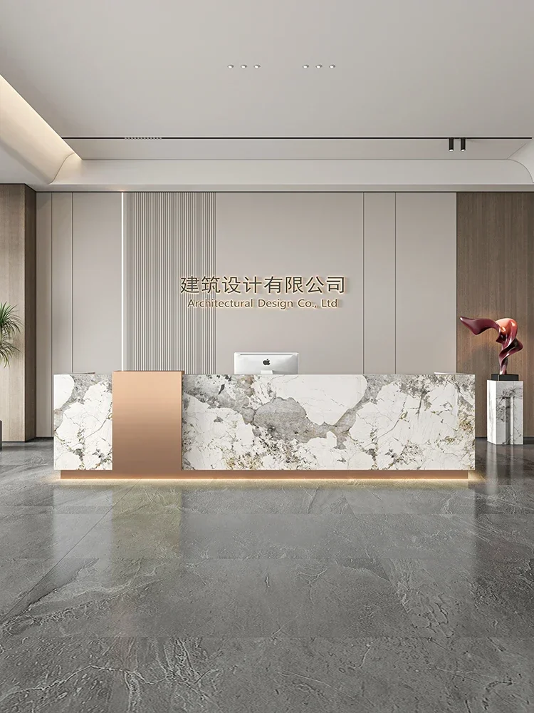 

02 Custom marble slate company hotel reception desk beauty salon checkout page stainless steel bar table