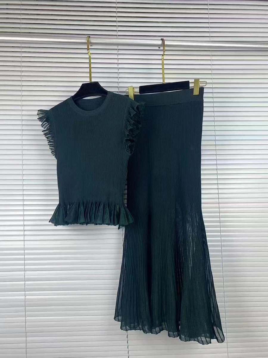 VGH Ribbed Knit Two Piece for Women Round Neck Ruffle Cap Sleeve Sheer Pleated Midi Skirt for Soft Tone Birthday Banquet Outfit view 5