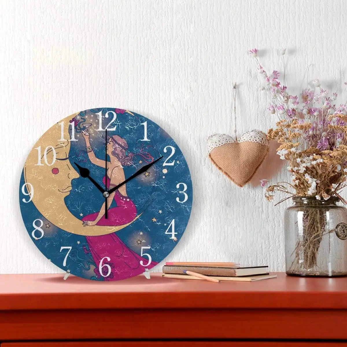 Wall Clock Beautiful Poster in Art Nouveau Style with Party Woman and Moon Starry Sky Silent Non Ticking Operated Round
