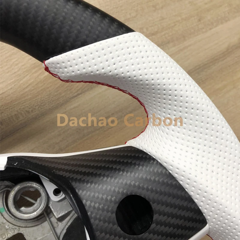 White Perforated Leather Real Carbon Fiber Steering Wheel For Tesla Model 3 Model Y 2016-2024 High Quality Custom Style