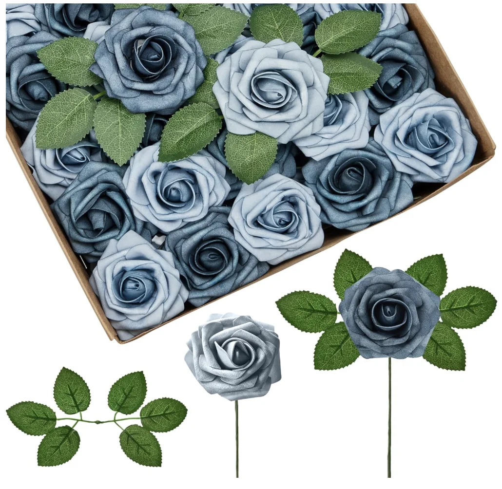 Artificial Roses Foam Flowers, 50 Pcs Dusty Blue Shades Roses Artificial Flowers Fake Roses for Decoration DIY Wedding Bouquets