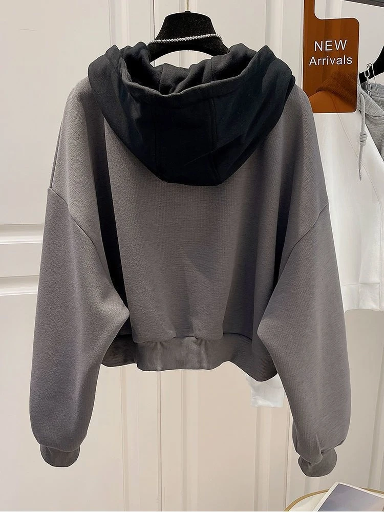 American Retro Hot Girl fake Two Piece Set Hooded Zipper Sweatshirt Autumn/Winter Y2K Harajuku Splicing Women's Tops emo