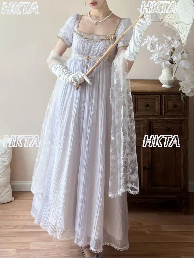 

Court Style Lolita Chiffon Dress Elegant Temperament Square Neck Bubble Short Sleeve High Waist Slim Long Maxi Dress Women