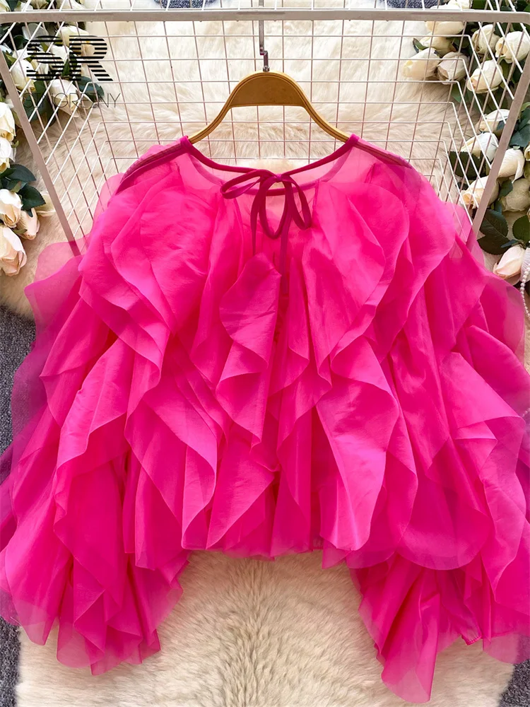 SINGREINY Chiffon 3D Ruffles Blouse Female Chic French Style Ins