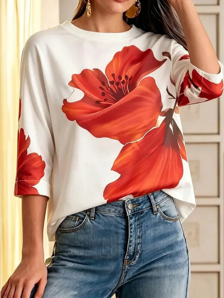 2026 Summer Elegant Woman Floral Print Top Vintage Round Neck Women's Short Sleeve Graphic T-Shirt Fashion Clothes Woman