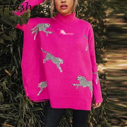 Autumn Winter Leopard Print Sweatshirt Women Turtleneck Long Sleeve Loose Blouses For Women Casual Jumper