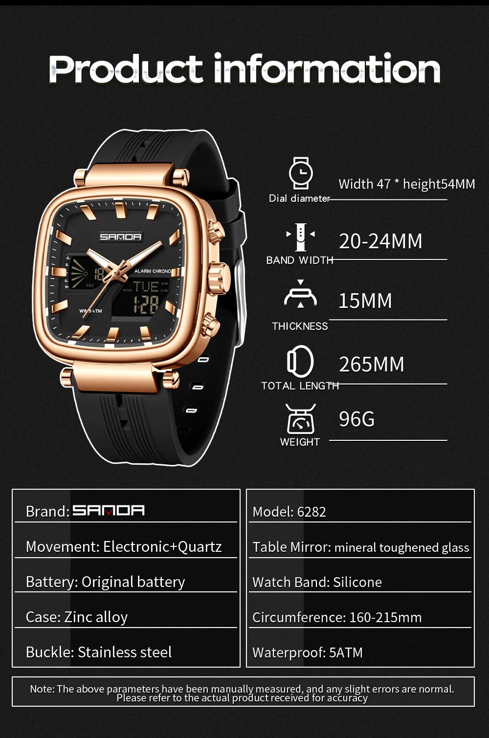 موضة SANDA العلامة التجارية الجديدة 6282 ساعة إلكترونية للرجال عرض مزدوج الرياضة إضاءة مقاومة للماء الرجال توقيت ساعة إلكترونية