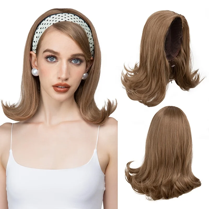 

Wholesale Synthetic Fiber Headband Wigs Hair Extension Natural Short Curly Tail Wavy Half Wig up Half Down Ponytail for Women