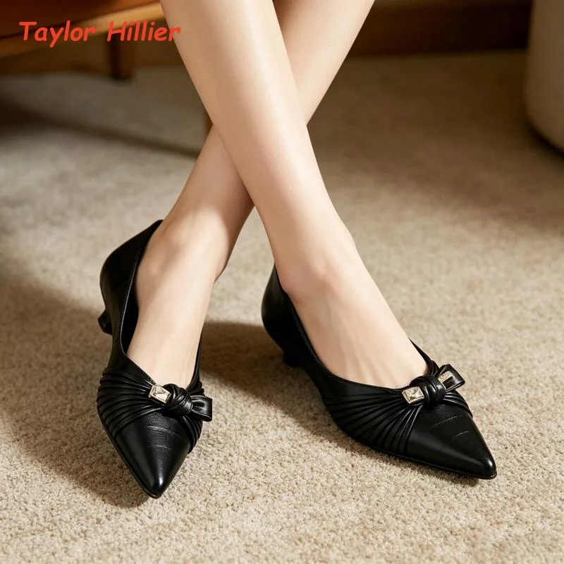Women Kitten Heel Dress Pumps Pointed Tip Pleated Twisted Front Metal Ornament Crocodile Embossed Leather Office Heeled Shoes