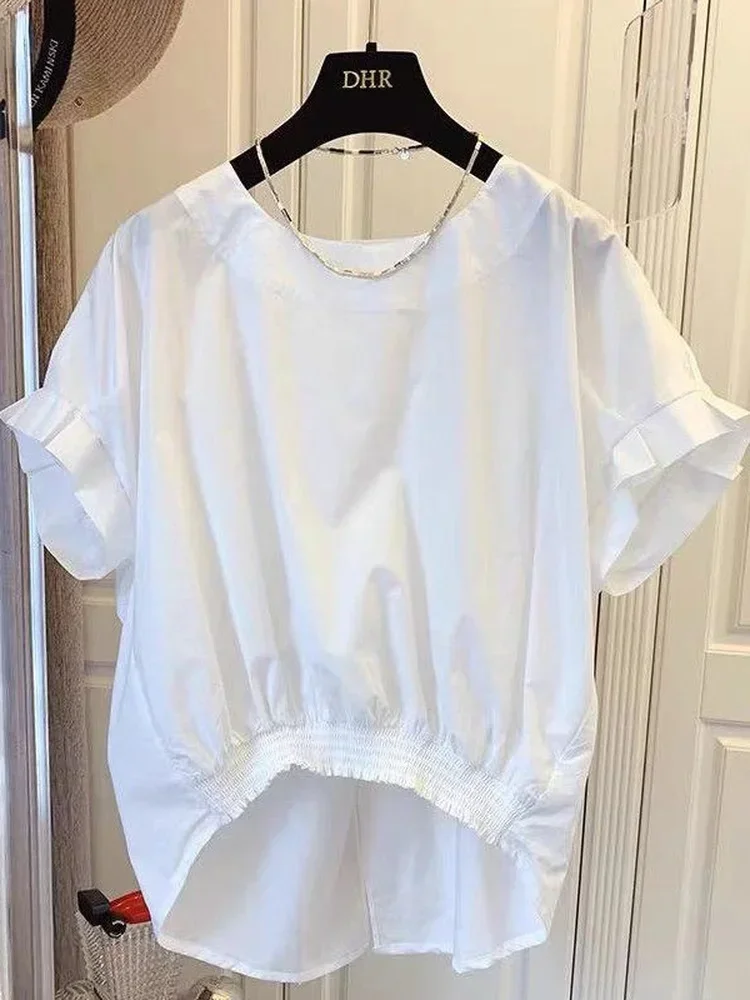 

Cotton Asymmetrical Crop Blouse Women Korean Pleated Bow Bandage Shirt Causal O-neck Solid Elegant Blusas Mujer Moda